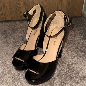 Sun + Stone Glossy Black Peep-Toe Heels